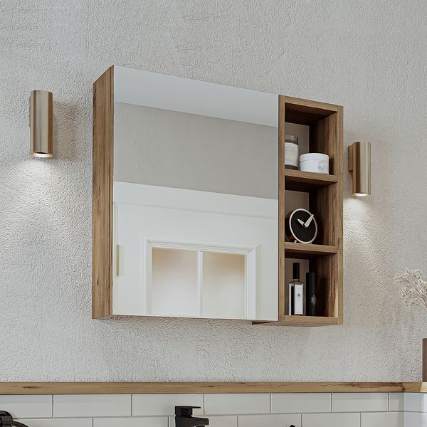 Roomart LOTUS-I-65 Badmöbel - nur Spiegelschrank - H 60 x B 16 x T 65 cm • Weiß-Eiche