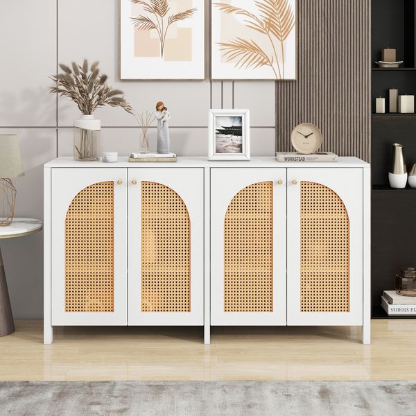 Sideboard 145x80x40 cm, weiß, mit 4 Rattantüren & Metallgriffen