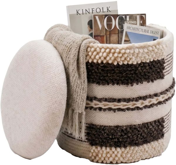 Sitzhocker mit Stauraum aus Wolle 40cm Beige Stoff Rund - Design Boho Stoffhocker mit abnehmbarem Deckel - Polsterhocker Schminktisch Hocker - Beistellhocker für Wohnzimmer Handmade