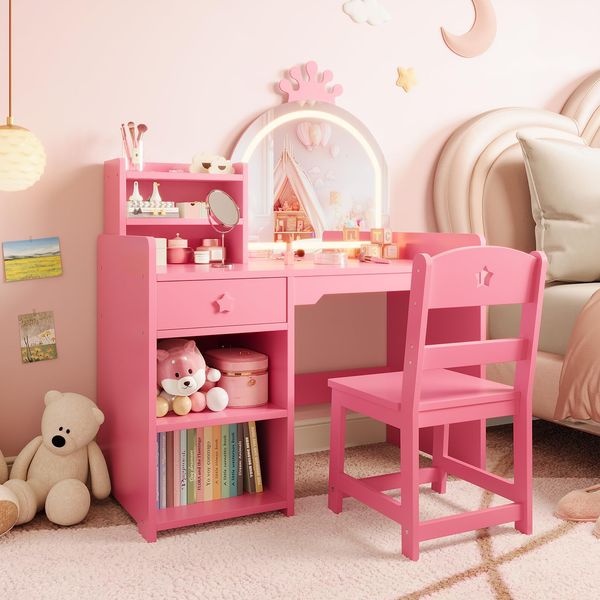 GarveeLife Kinder Schminktisch mit Beleuchtung, Frisiertisch mit LED-Lichtern & Hocker, Kinderschminktisch mit 1 Schubladen, Offenen Fächern, Kosmetiktisch für Mädchen, Rosa