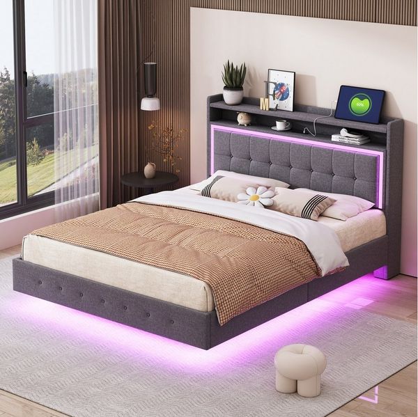 BlingBin Polsterbett Doppelbett mit LED-Beleuchtung und Aufladen USB (1er Set, 1-tlg, 140x200 cm Bett, Doppelflachbett, Leinenstoff), LED Kopfteil, Doppelbett Bettgestell mit Lattenrost, Jugendbett