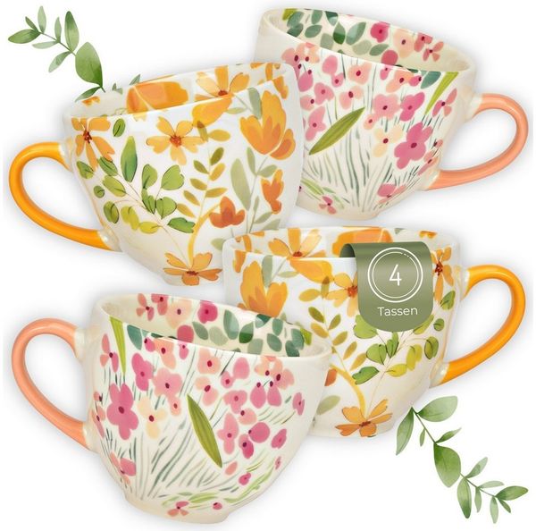 matches21 HOME & HOBBY Tasse Jumbo Kaffeetassen Blumen Dekor, 4er Set XXL Tassen Gelb Rosa, 4-tlg, Porzellan, Große Frühstückstasse 480 ml