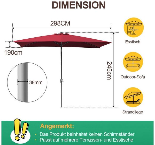 Clanmacy Sonnenschirm Sonnenschirm 200x300cm knickbar Balkonschirm Gartenschirm UV50+ Rot, LxB: 300x200 cm, Stabiler knickbar/für Garten, Balkon, Terasse/Sonnenschutz