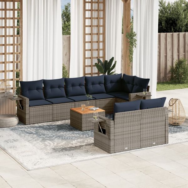 vidaXL 9-teiliges Gartensofa-Set mit Kissen, grau, Polyrattan 3224654