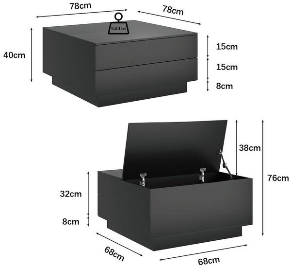 radelldar Couchtisch mit 2 Schubladen und aufklappbarer Tischplatte, 78x78x40cm (1-St), Wohnzimmertisch Beistelltisch mit LED-Beleuchtung