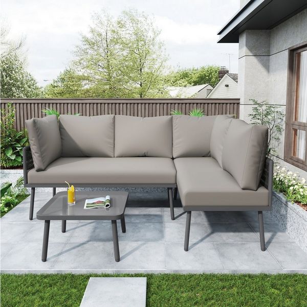 HAUSS SPOLE Gartenlounge-Set L-förmig mit Sitzkissen, verstellbaren Füßen, 2 Sofas, 1 Tisch, Grau, (3-tlg)