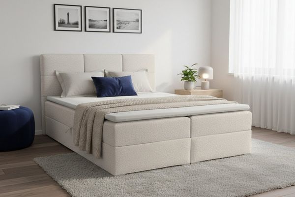 Deine Möbel 24 Boxspringbett SUSAN LUX Boxbett Polsterbett Matratzen H3 oder H4 (Farbe: Ecru, Creme, Beige, Grau, Dunkelgrau, Schwarz, 1-St, 140x200 160x200 180x200 200x200), inkl. Bettkasten, Topper und 2 Matratzen, Bouclé-Stoff