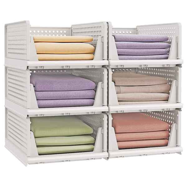 SONGMICS Schrank-Organizer klappbar, Kleiderschrank-Organizer stapelbar, ausziehbarer Korb 6er Set, Aufbewahrung und Organisation, Kunststoff, Schlafzimmer, Büro, Badezimmer, weiß