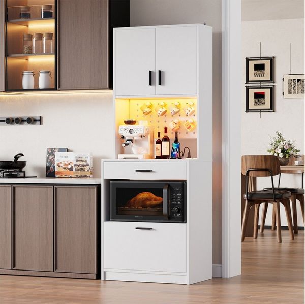 TWSOUL Buffet Mikrowellenregal mit Steckdosen & LED Küchenschrank mit Pegboard, Schublade & USB, Stauraum Weiß