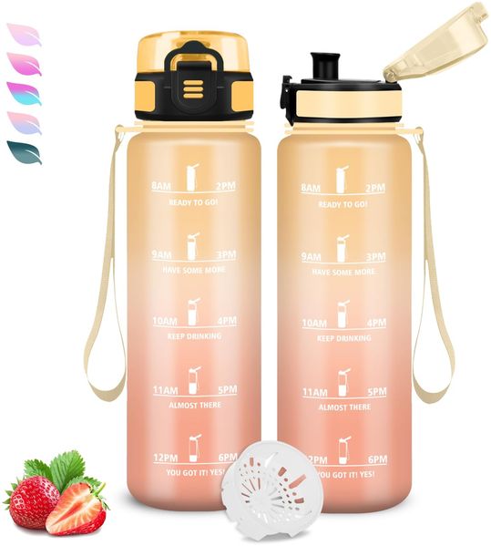 Grsta Trinkflasche 1l, Trinkflasche Sport, Wasserflasche Auslaufsicher, Wasserflasche mit Zeitmarkierung, Leicht zu Tragen und zu Reinigen, Flasche für Fitness, Schule, Büro, Fahhrad, Erwachsene, Gym