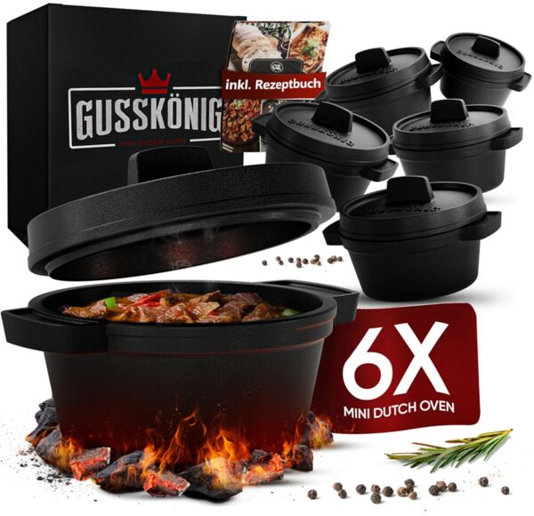 Mini Dutch Oven Set 6er aus Gusseisen – 300 ml Ø 11 cm, bereits eingebrannt, ideal für Vorspeisen & Nachspeisen inkl. Rezeptbuch