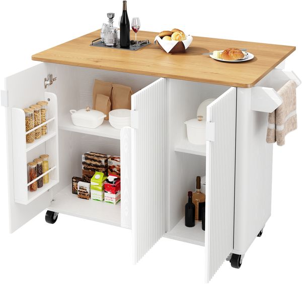 Kücheninsel B 130 x T 45 (75) x H 92 cm, klappbare Arbeitsplatte, 3 Türen, MDF Weiß, 5 Rollen