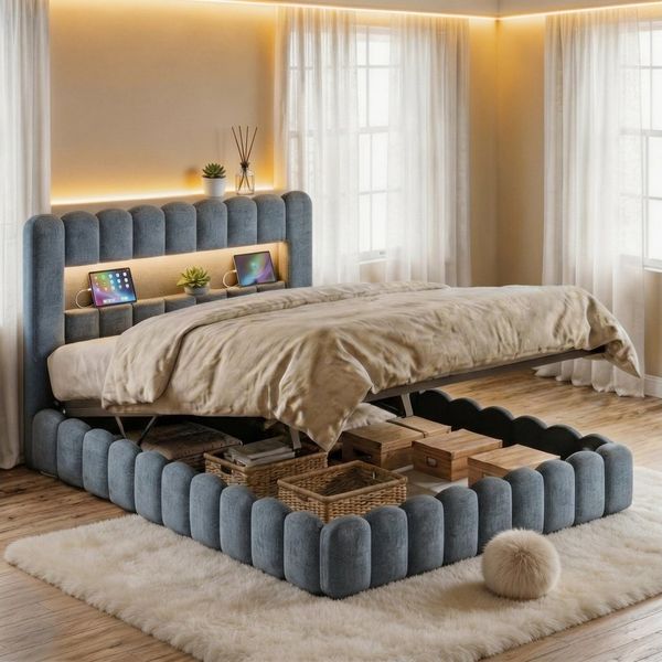 PXloue Polsterbett Doppelbett Jugendbett (ohne Matratze), Stauraumbett, Bettkasten, LED-Beleuchtung, USB-Anschluss, 180x200 cm