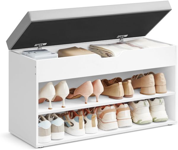 VASAGLE Schuhbank, Sitzbank, Schuhregal mit gepolstertem Kissen, Schuhorganizer mit 3 Ebenen, 30 x 80 x 44 cm, für Flur, Wohnzimmer und Schlafzimmer, wolkenweiß-Taubengrau LHS022WB01