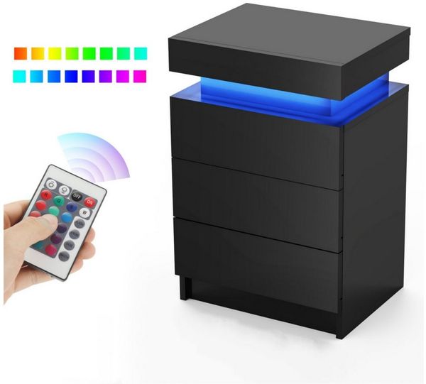 oyajia Nachttisch Hochglanz Nachtschrank mit 2 Schubladen,LED-Beleuchtung 16 Farben (Nachttisch mit LED Streifen, Beistelltisch), Nachttisch mit einstellbare Farben,Sofatisch, 45x35x55 cm Schwarz/Weiß