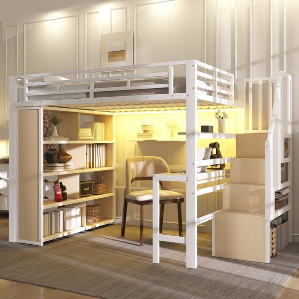 Hochbett mit RGB LED-Streifen, Schreibtisch, Bücherregal, Lattenrost, Treppe, Rausfallschutz, 140x200cm, Metallbett, Kinderbett