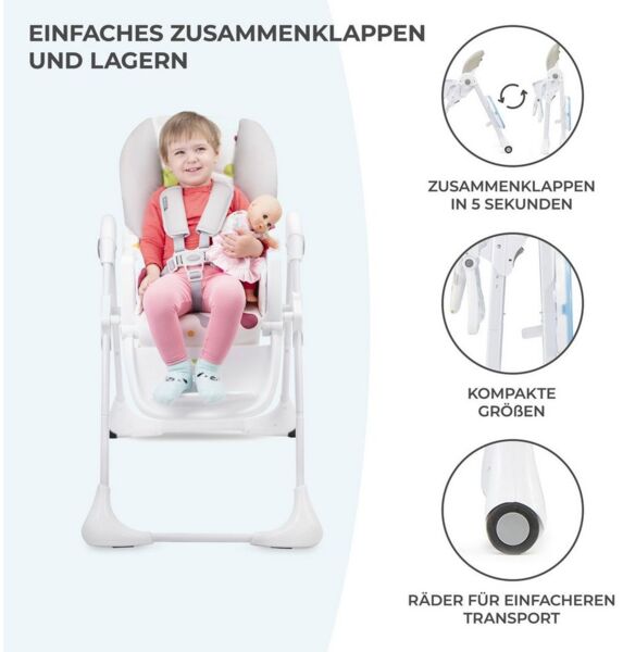 Kinderkraft Hochstuhl 'YUMMY' Multi, 5-Punkt-Gurt, rutschfeste Stuhlbeinkappen, höhenverstellbar, inkl. abnehmbares Essbrett