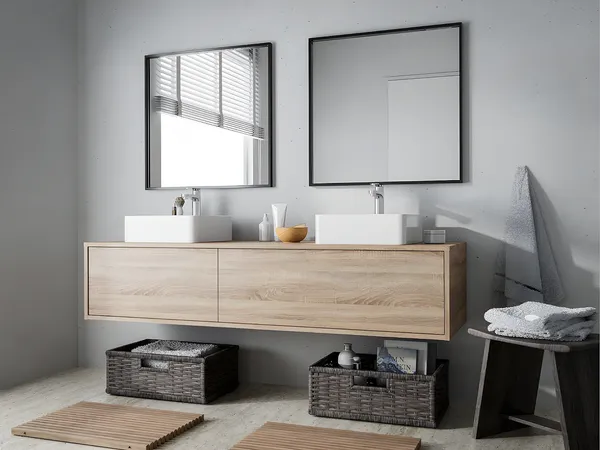 Vente-unique - ISAURE Waschbeckenmöbel Holz, PlatteKeramik Beige - B 47 cm x H 32 cm x L 150 cm