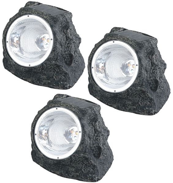 3er Set LED Solarleuchte, Stein, grau, H 10,5 cm