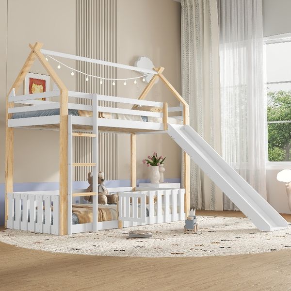 Novelux Etagenbett 90x200 cm mit Rutsche und Dachform – Kinderhochbett aus Kiefer, MDF und Sperrholz in Weiß/Natur, mit Leiter, Zaun und Lattenrost