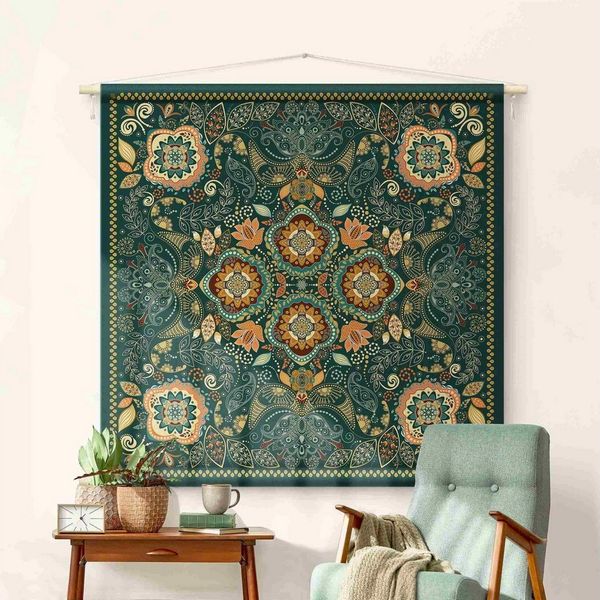 Bilderdepot24 Wandteppich modern Boho Muster Paisley Orientalisch Spirituell grün, quadratisch, Höhe: 2.6 mm, großes Wandbild aus Natur-Baumwolle Wandbehang Stoffbild Tuch Wollseil