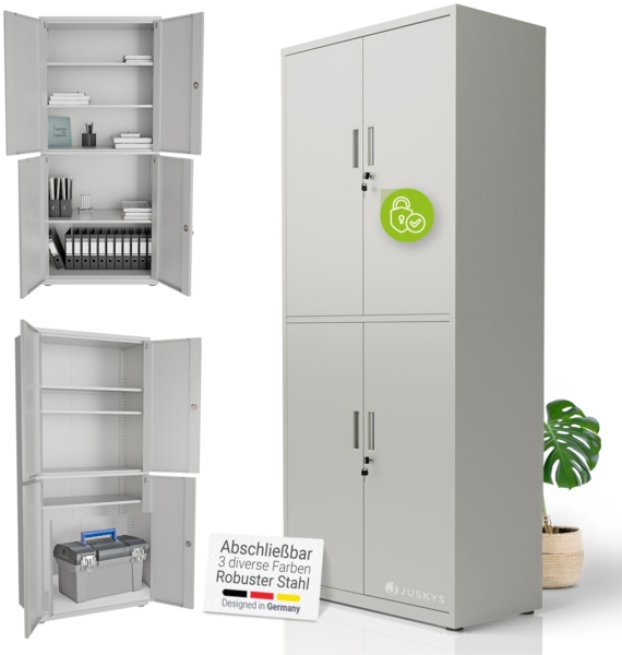 Juskys Aktenschrank aus Metall – 180x80x40 cm abschließbarer Büroschrank aus Stahl mit 3 verstellbaren Einlegeböden, höhenverstellbare Füße - Hellgrau