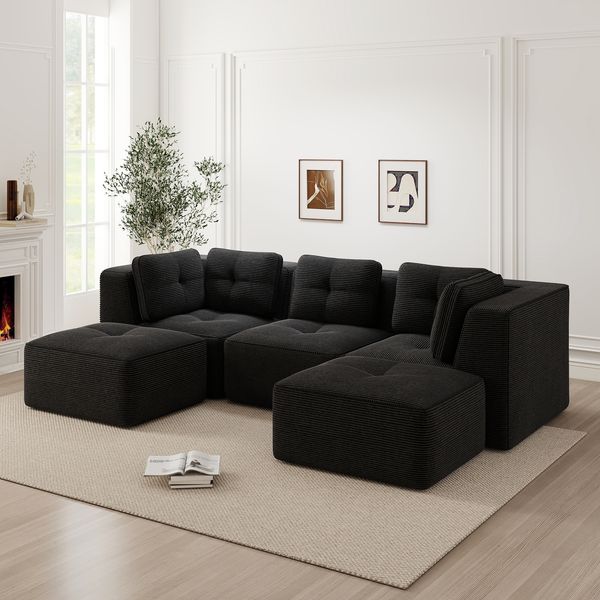 3-Sitzer Sofa 297x177x69 cm aus Cordstoff rahmenlos modular mit 2 Ottomanen, schwarz