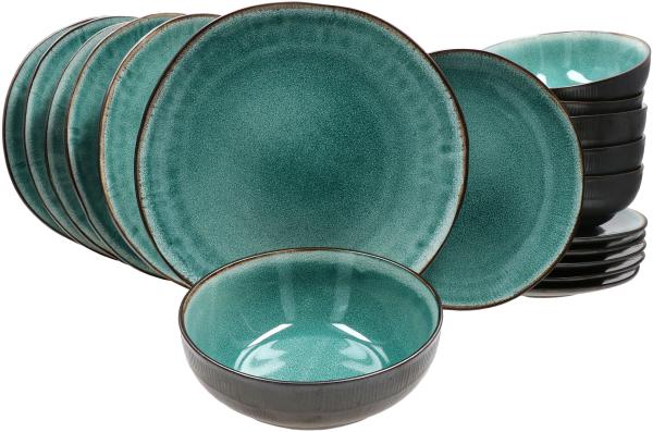 18tlg. Teller Set Reactive Glaze Green 6 Pers. Steingut Teller Schale Grün Mint