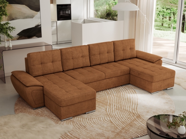 U-förmiges Ecksofa mit Schlaffunktion, genähter Sitz, zwei Armlehnen und losen Kissen - UMBRIA U - Orange Stoff