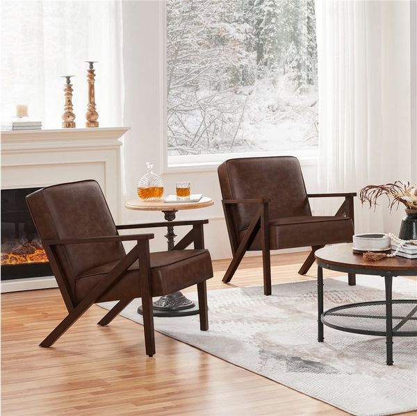 Yaheetech Relaxsessel mit breitem Sitz, Kunstleder / Gummibaumholz, 78 x 67 x 79,5 cm, Dunkelbraun