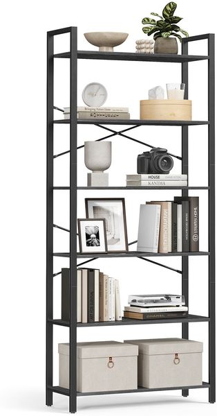Vasagle Bücherregal 6 Ebenen, Standregal mit Stahlrahmen, freistehendes Regal, Wohnzimmer, dunkelwalnussfarben-schwarz, 186 x 30 x 80 cm