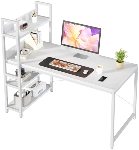 Sweetcrispy Schreibtisch mit Seitlichem Regal & Verstellbaren Füßen, 120 cm breiter Bürotisch, Starker Computertisch mit Ablagefläche, Einfacher Montage, Weiß