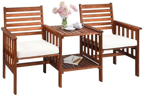 Gartenbank mit Tisch 2 Sitzer Holzbank mit Schirmloch & Sitzkissen Sitzbank Braun+Weiß