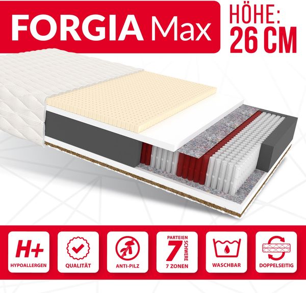 Matratze 160x200 Multipocket Taschenfederkern FORGIA MAX 7 Zonen H3 H5 26 cm Latex Kokos Polyurethanschaum Jersey Bild 3