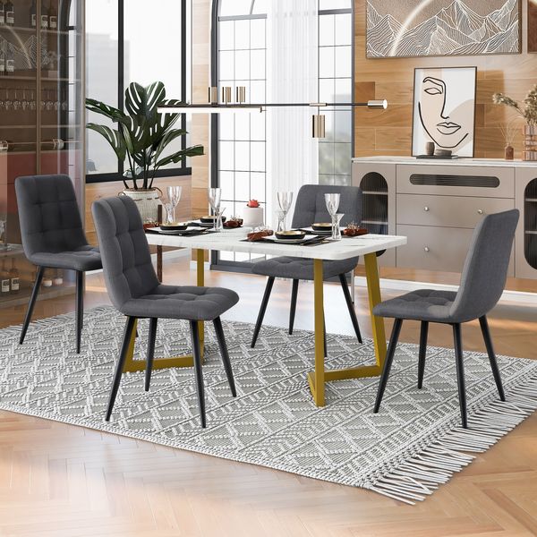 Esstisch 117×68×75 cm, Rechteckiger MDF-Tisch mit 4 grauen Leinenstühlen, goldene Beine, modernes Esszimmer-Set,weiß und grau