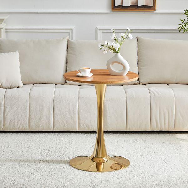 Beistelltisch rund 60x60x72 cm, MDF-Tischplatte in Holzoptik mit goldfarbenem Metallfuß