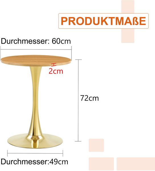 Beistelltisch rund 60x60x72 cm, MDF-Tischplatte in Holzoptik mit goldfarbenem Metallfuß Bild 5