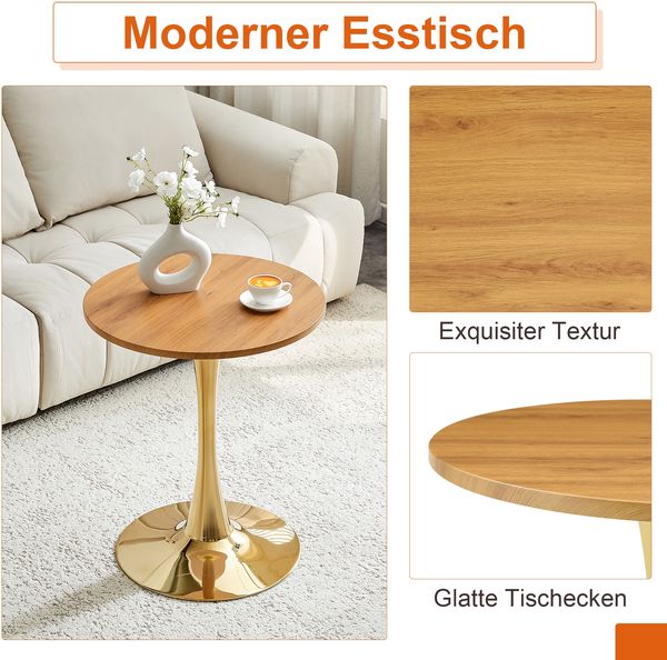 Beistelltisch rund 60x60x72 cm, MDF-Tischplatte in Holzoptik mit goldfarbenem Metallfuß Bild 7