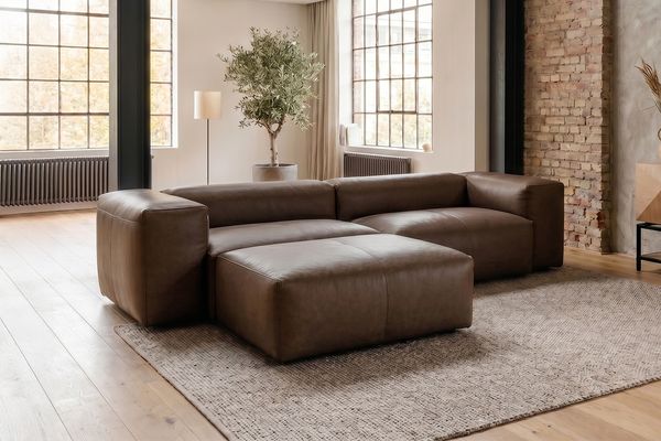 KAWOLA Sofa CELESTE 4-Sitzer mit Hocker Leder dunkelbraun 72 x 114 x 302 cm