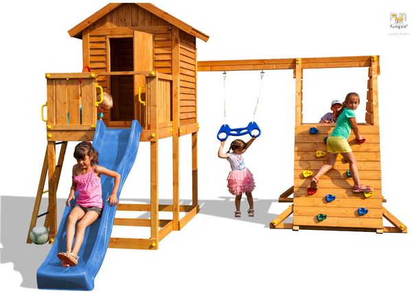 Fungoo Spielturm "My House Spider+", teak,mit Rutsche, Haus mit Holzdach, Griffe, Leiter, Kletterturm und Schaukel