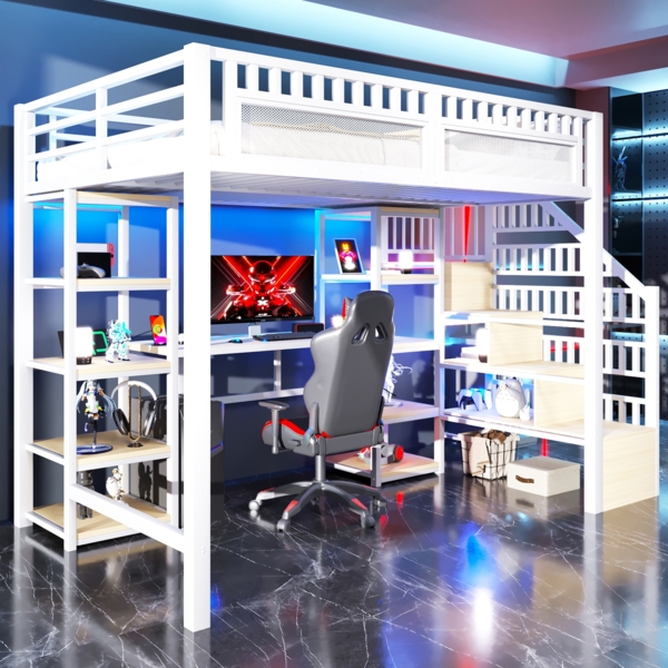 Merax Hochbett, 140 x 200 cm, Kinderbett, Jugendbett, Eisenrahmen, Ablagefach, Leiter mit Stauraum, Schreibtisch, LED-Lichtleiste, USB-Anschluss inklusive, Weiß