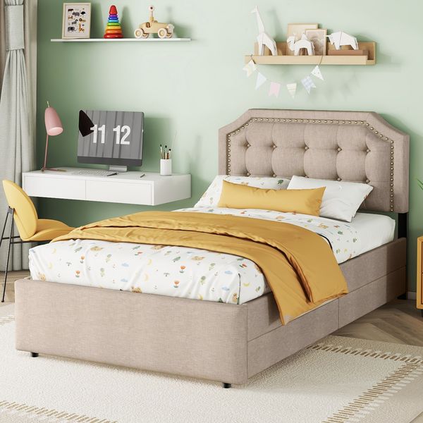Polsterbett 90x200 cm Dunkelbeige mit Stauraum, Leinenbezug und dekorativen Nieten,Dunkelbeige