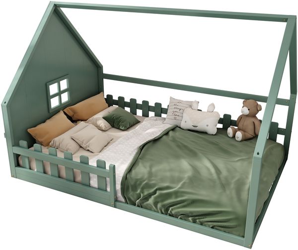 Kinderbett 140×200 cm mit Rausfallschutz im Hausdesign Grün ohne Matratze Bild 5