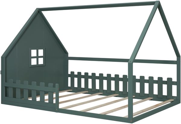 Kinderbett 140×200 cm mit Rausfallschutz im Hausdesign Grün ohne Matratze Bild 6