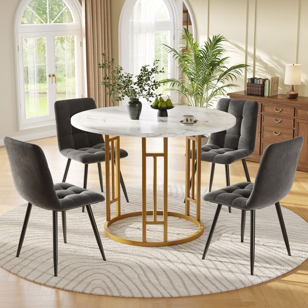 Esstisch-Set, 5-teiliges Küchen-Esstisch-Set mit 4 Stühlen rund Ø80cm goldene Metallbeine MDF-Marmorplatte graue Samtstühle, MDF+Metall+Samt, Grau+Gold, Ø80cm