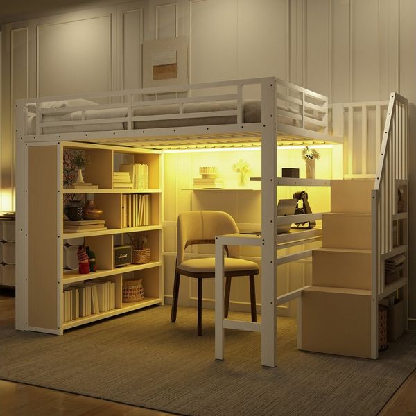 MODFU Hochbett Jugendbett mit Schreibtisch (Funktionsbett, Stauraum unter der Treppe und LED-Lichtleiste, Metallbett 140x200 cm) ohne Matratze