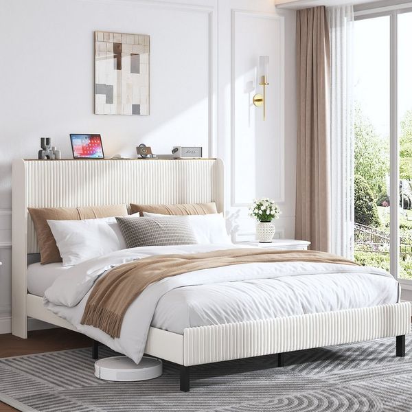 STILVORA Polsterbett 160x200 mit Stoffköpfchen,Jugendbett Bettgestell aus Cord-Stoff