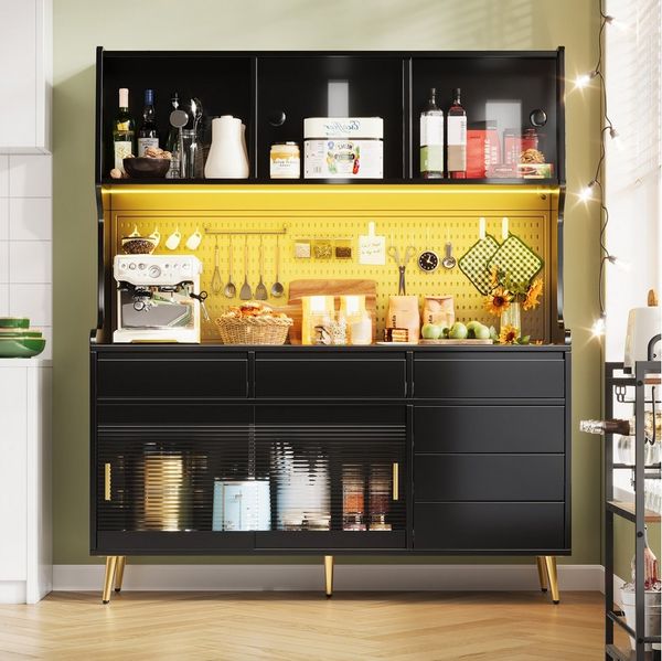 Flieks Küchenbuffet mit LED-Beleuchtung, Lochwand, Glasschiebetüren und 6 Schubladen (1-St, 145x39x171 cm) Hochschrank Küchenschrank Geschirrschrank mit Arbeitsplatte Schwarz