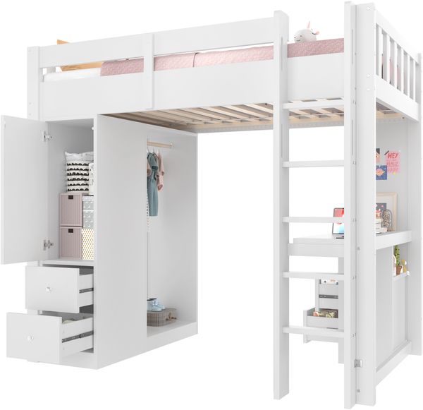 90x200 Hochbett mit 4 Schubladen und 1 Stauraumschrank, Unterbettschreibtisch, offenem Kleiderschrank, LED-Licht und USB, weiß