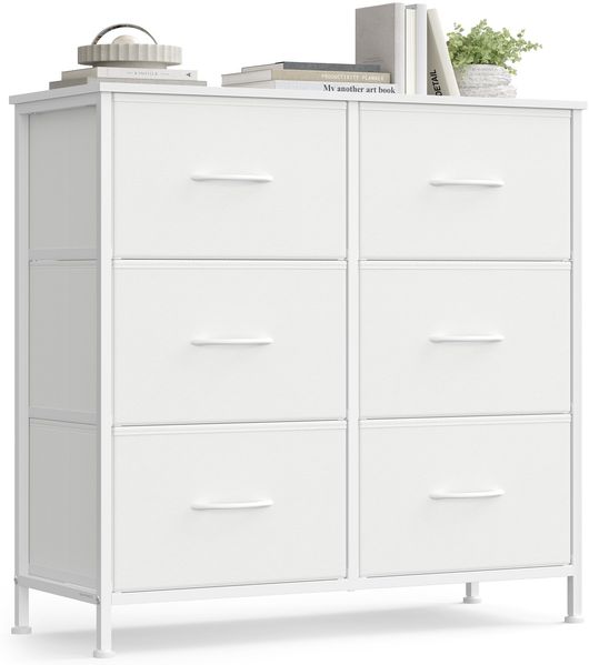 SONGMICS Kommode, Schrank, 6 Stoffschubladen, Aufbewahrungsschrank, Stahl, MDF, Vliesstoff, für Schlafzimmer, Flur, Wohnzimmer, wolkenweiß-schneeweiß LGS123WH01